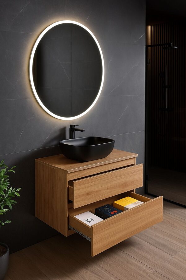 Luxe houten wastafelmeubel met keramische wasbak – 60 cm